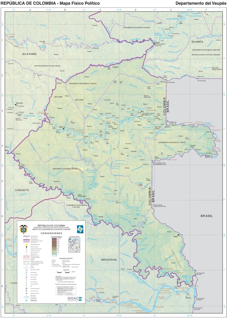 Mapa físico del departamento del Vaupés.