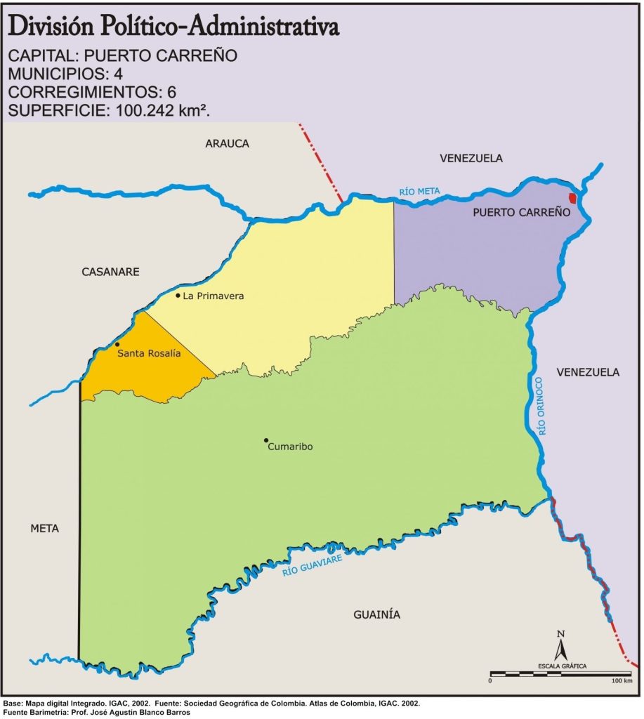 Mapa político del departamento del Vichada.