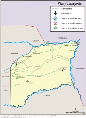 Mapa de vías y transporte del departamento del Vichada