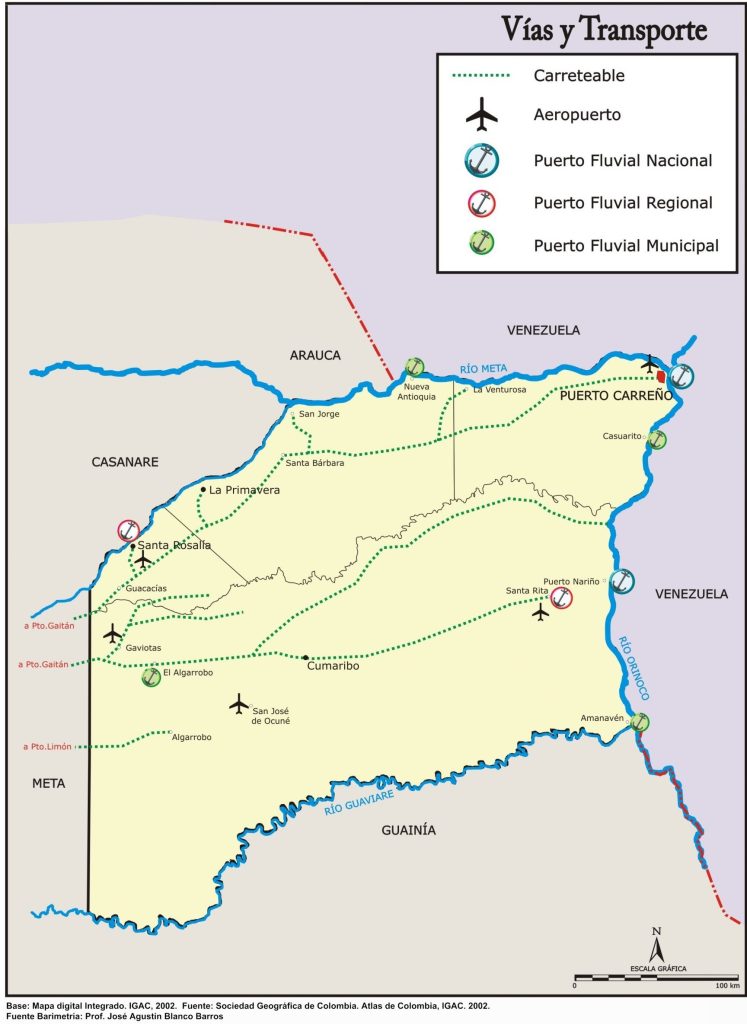 Mapa de vías y transporte del departamento del Vichada.
