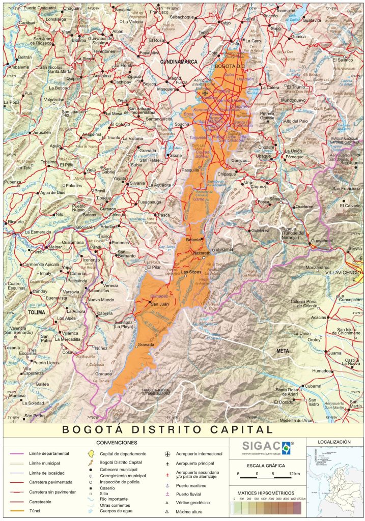 Mapa físico de Bogotá, Distrito Capital.