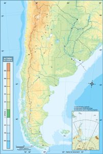 Mapa topográfico batimétrico mudo de Argentina.