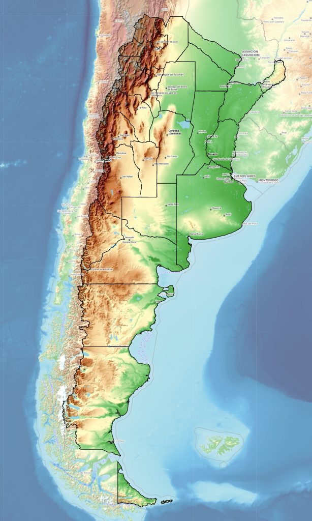 Mapa físico de Argentina.