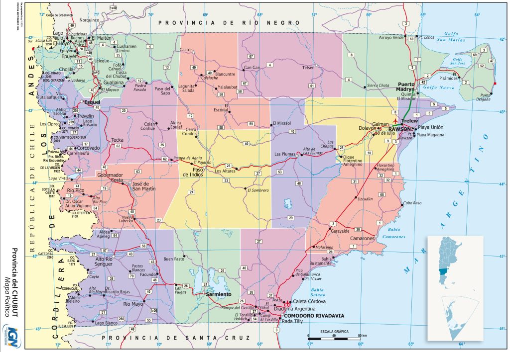 Mapa político de la provincia del Chubut.