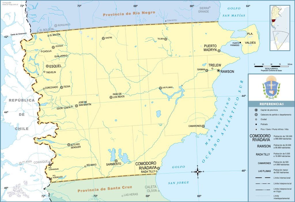 Mapa de las principales ciudades de la provincia del Chubut.
