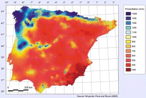 Mapa de precipitaciones de la Península Ibérica.