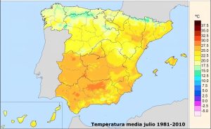 Temperatura media en España durante el mes de julio de 1981 a 2010.