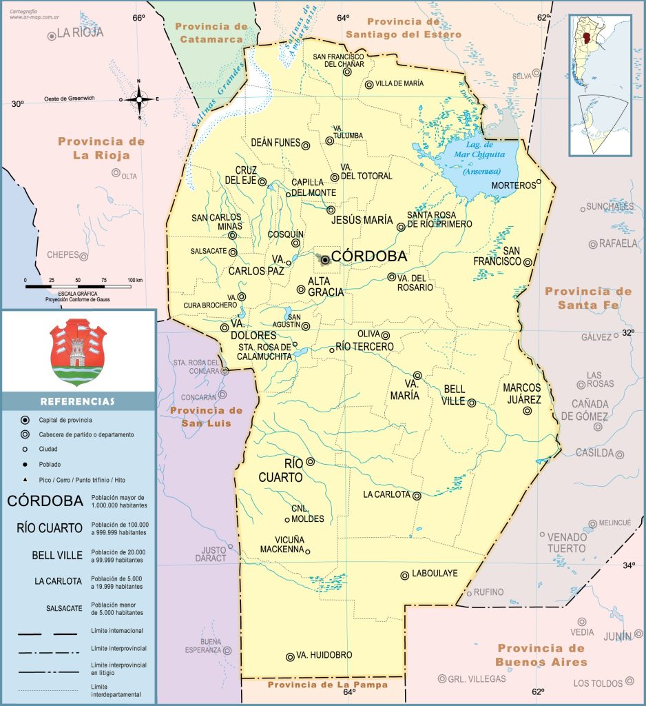 Mapa de las principales ciudades de la provincia de Córdoba en Argentina.