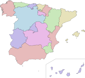 Mapa mudo de las Comunidades Autónomas de España.