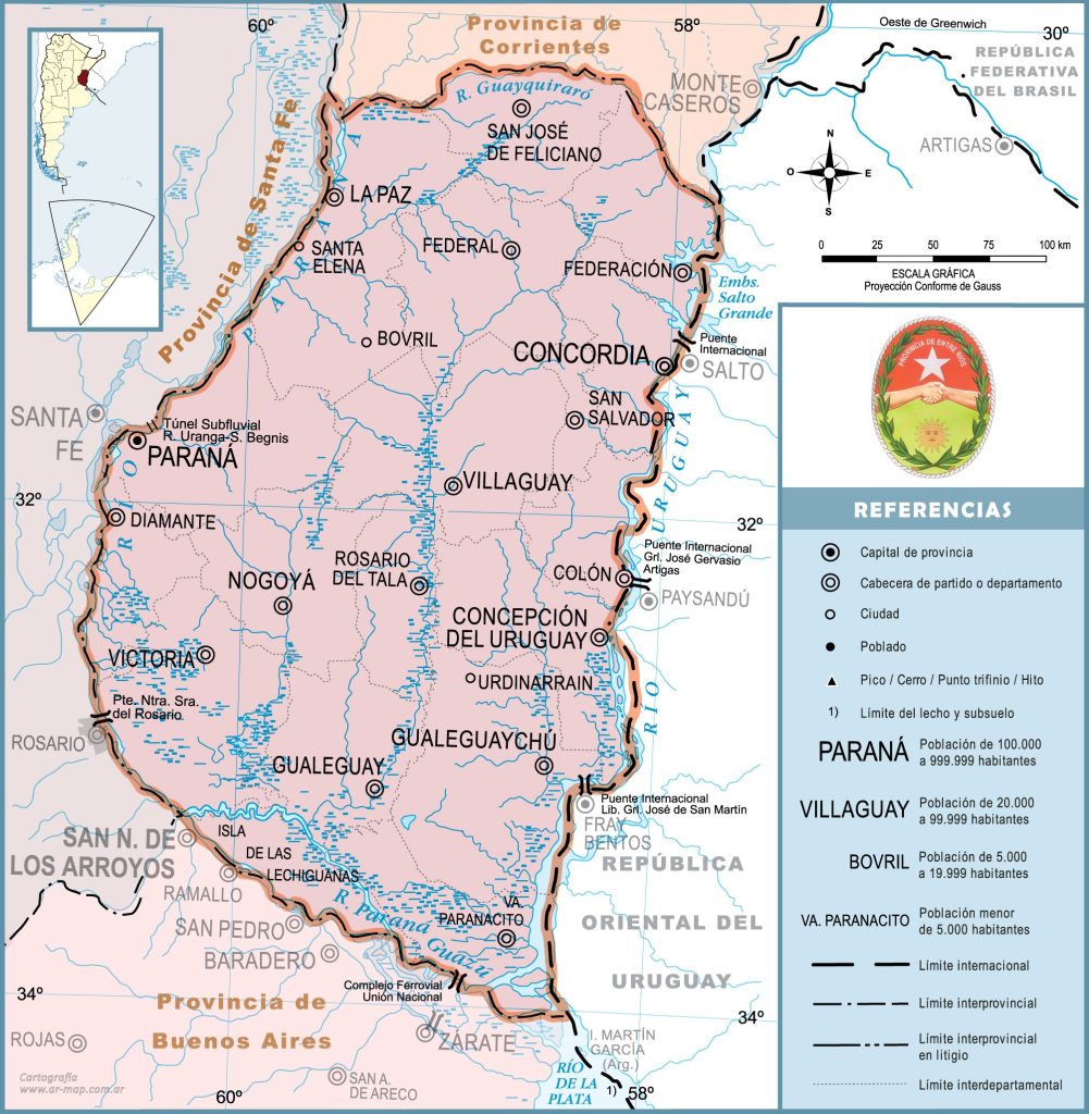 Mapa de las principales ciudades de la provincia de Entre Ríos.