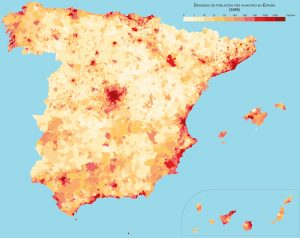 Densidad de población por municipio en España en 2018.
