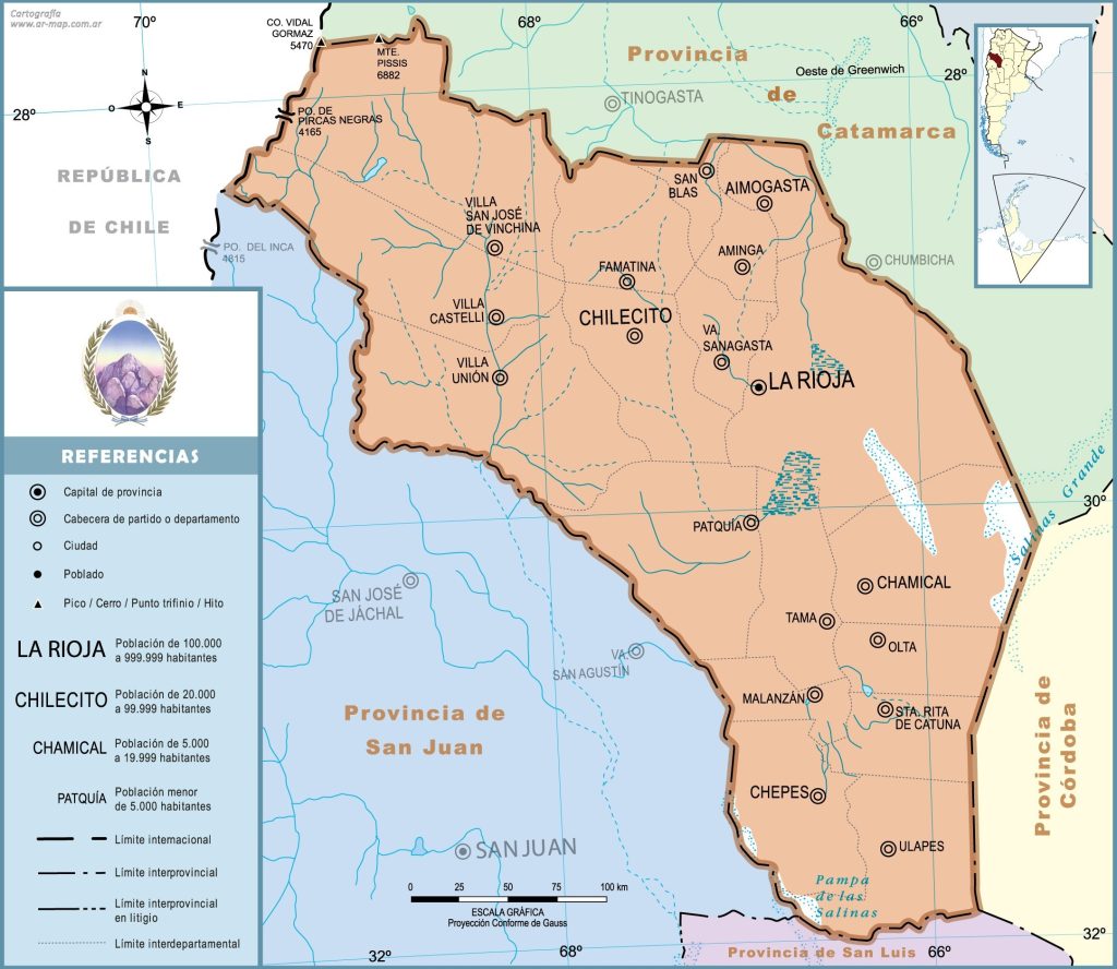 Mapa de las principales ciudades de la provincia de La Rioja (Argentina).