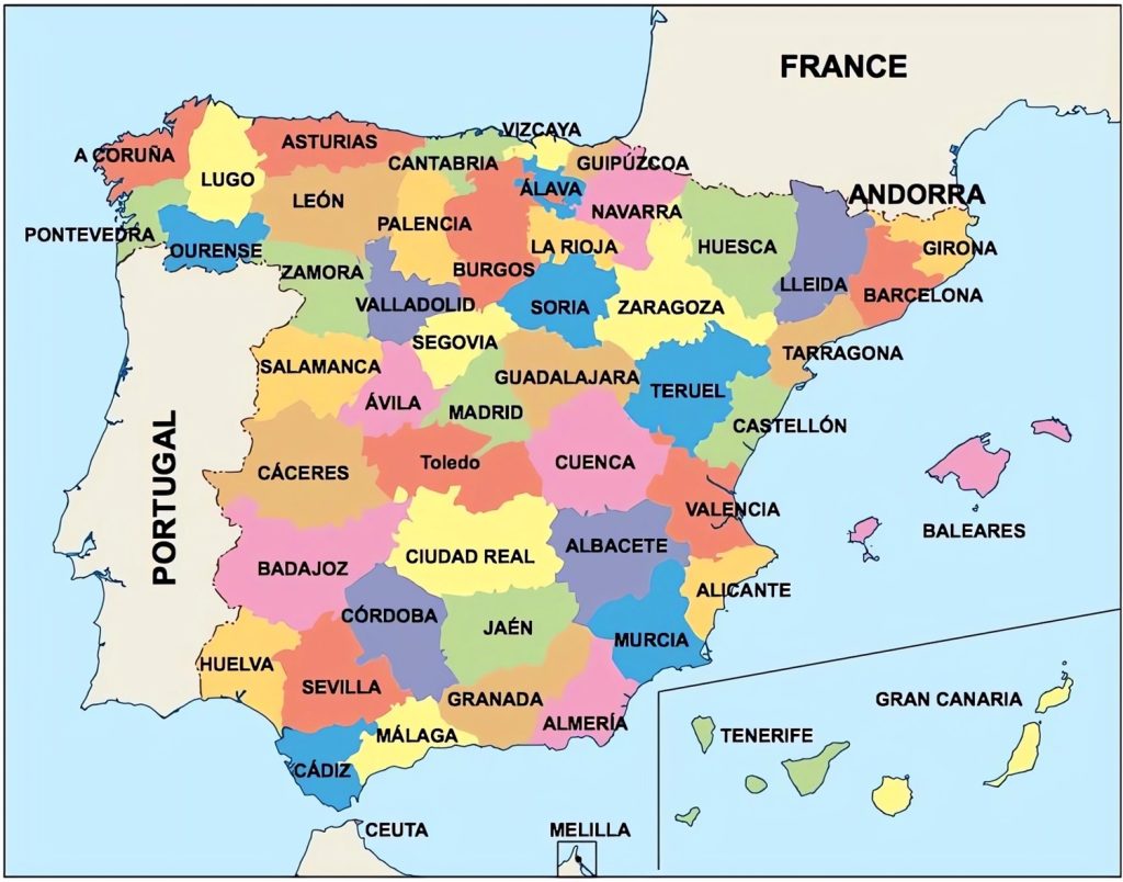 Mapa de las provincias de España.