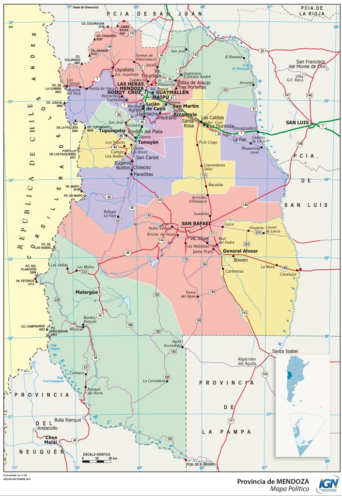 Mapa político de la provincia de Mendoza.
