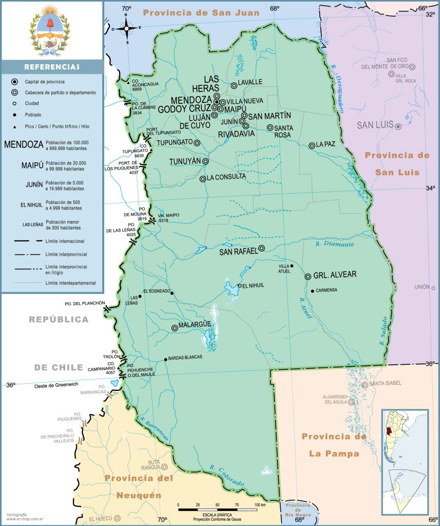 Mapa de las principales ciudades de la provincia de Mendoza.