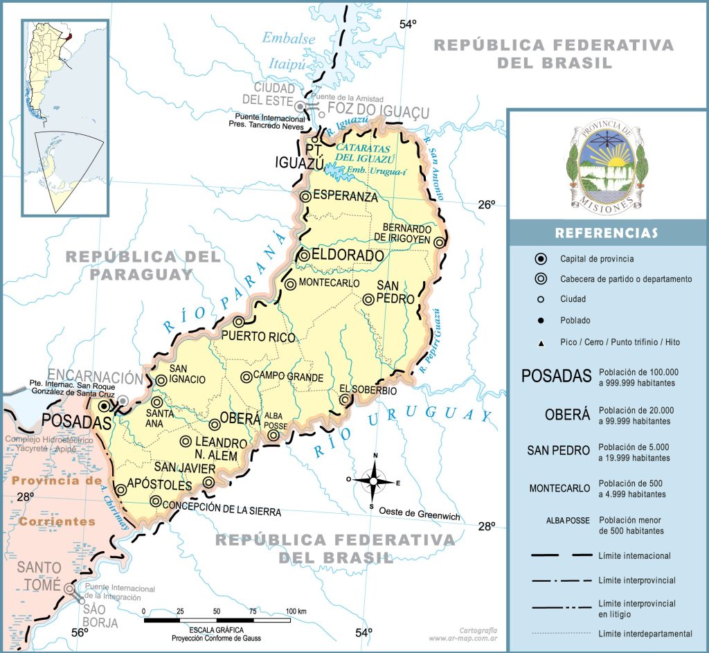 Mapa de las principales ciudades de la provincia de Misiones.