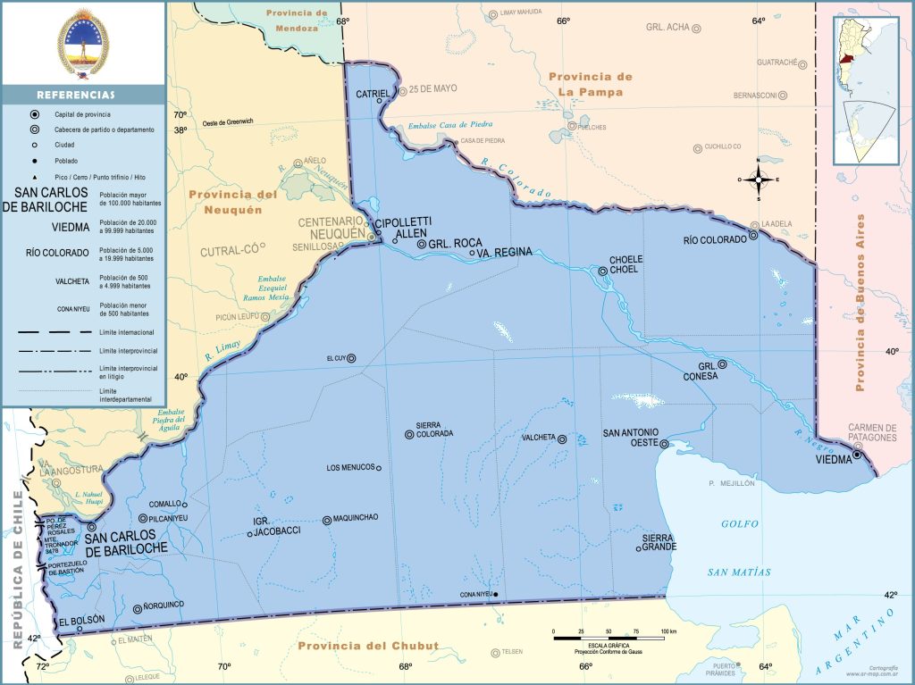 Mapa de las principales ciudades de la provincia de Río Negro.
