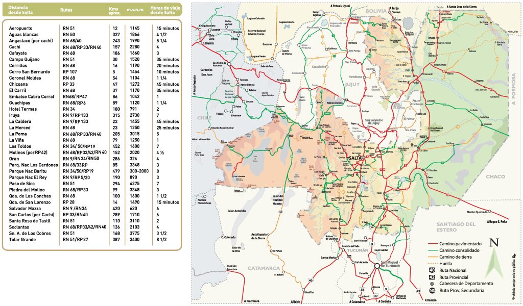 Mapa de carreteras de la provincia de Salta.