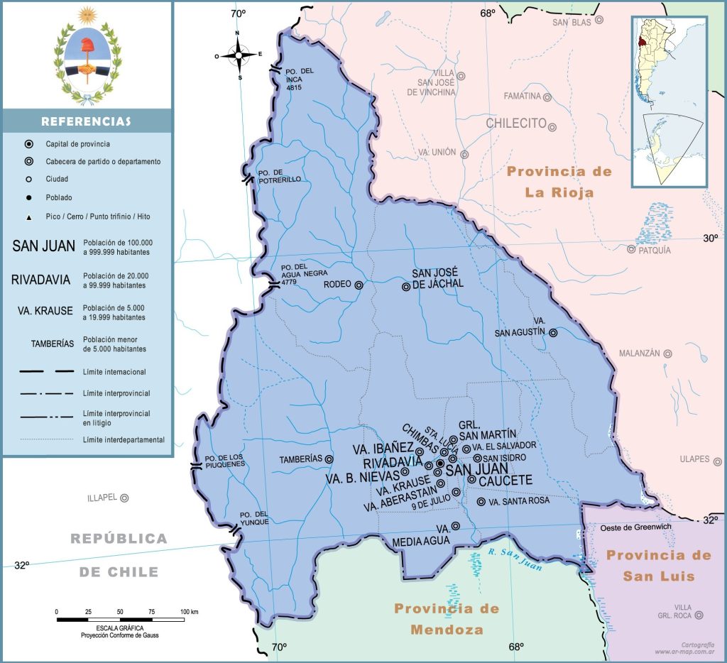 Mapa de las principales ciudades de la provincia de San Juan (Argentina).