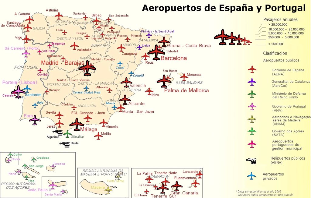 Mapa de aeropuertos de España y Portugal.
