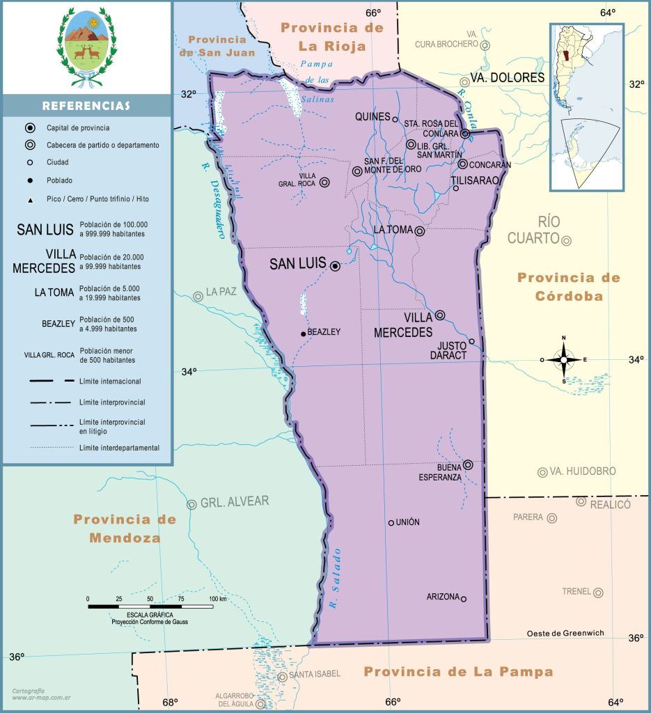 Mapa de las principales ciudades de la provincia de San Luis.