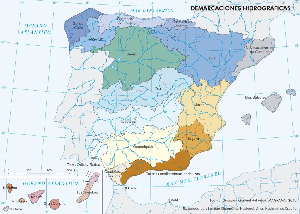 Mapa de cuencas hidrográficas de España.