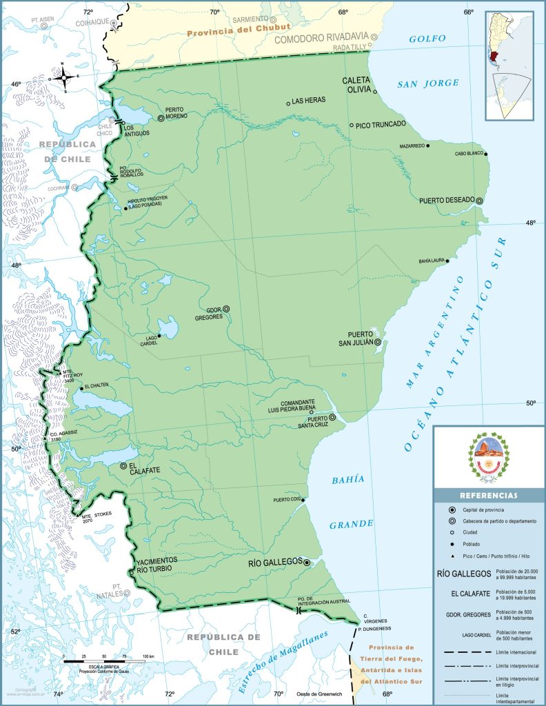Mapa de las principales ciudades de la provincia de Santa Cruz (Argentina).