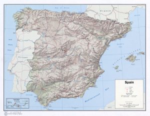 Mapa en relieve sombreado de España.