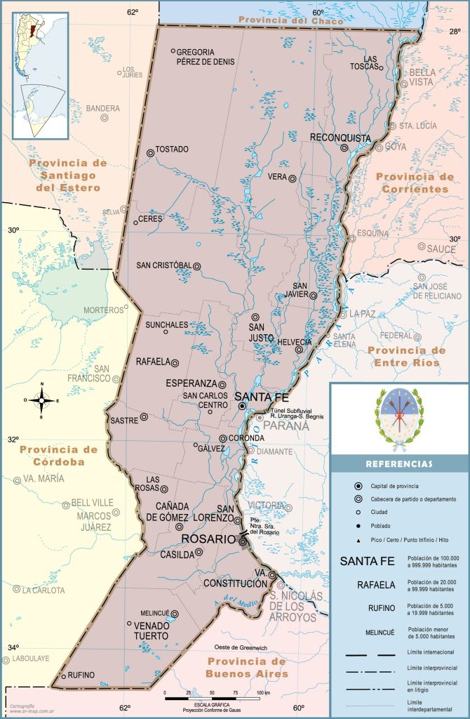 Mapa de las principales ciudades de la provincia de Santa Fe.