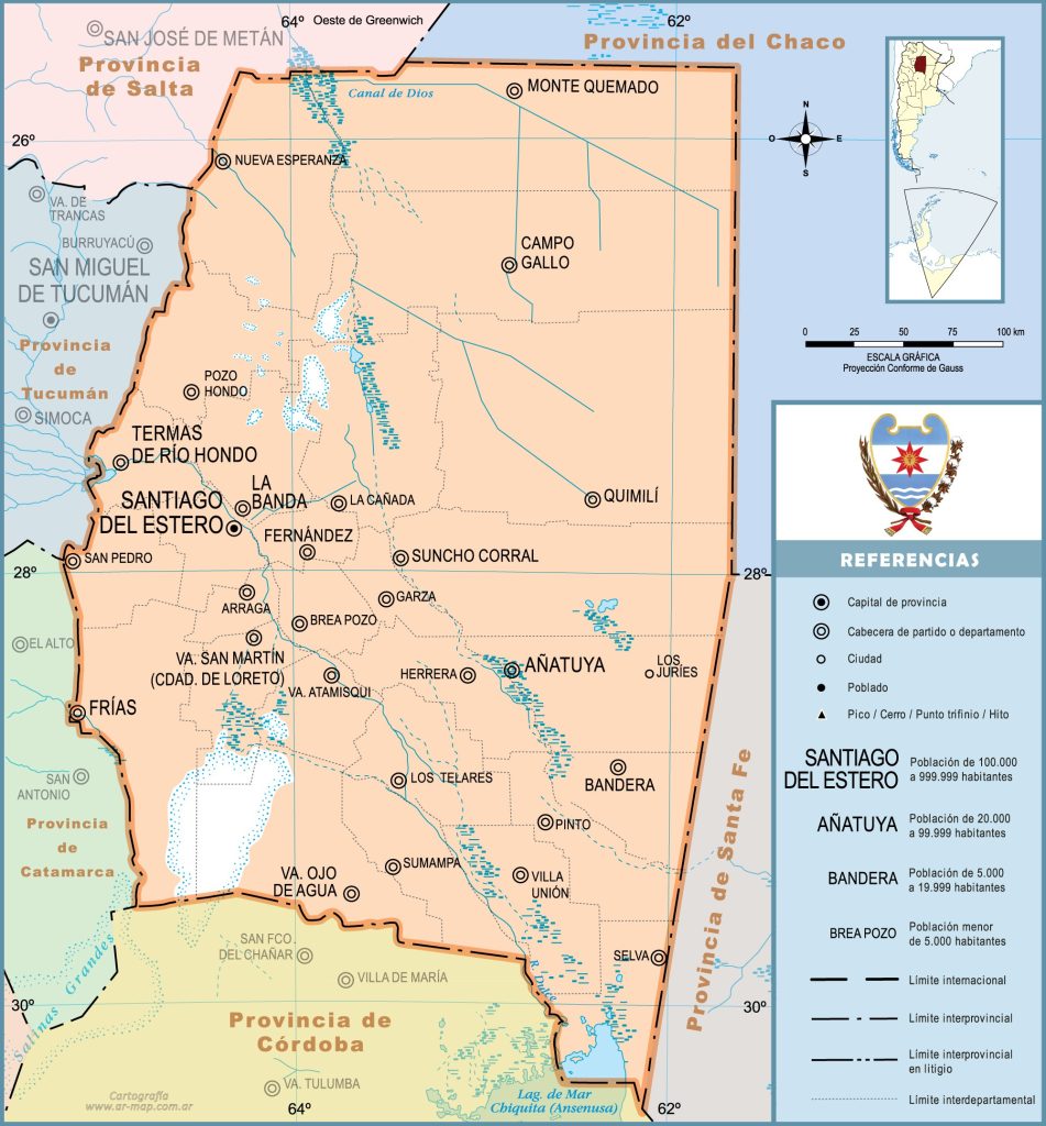 Mapa de las principales ciudades de la provincia de Santiago del Estero.