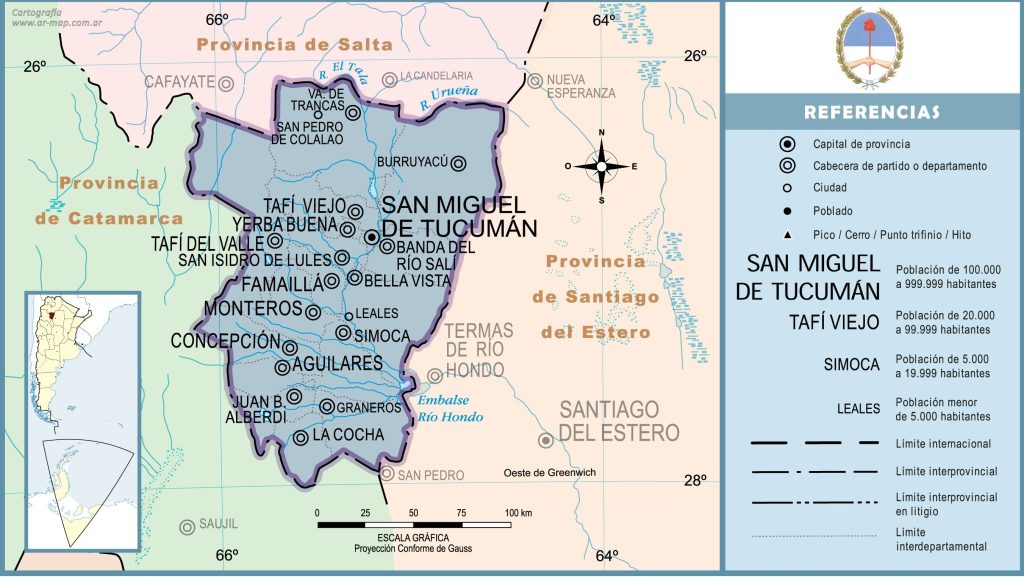 Mapa de las principales ciudades de la provincia de Tucumán.