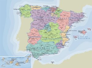 Mapa político de España con las comunidades autónomas y las principales ciudades.