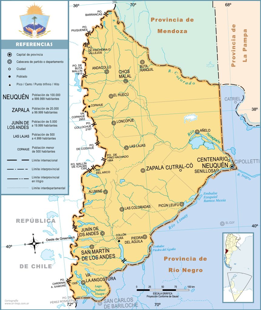 Mapa de las principales ciudades de la provincia del Neuquén.