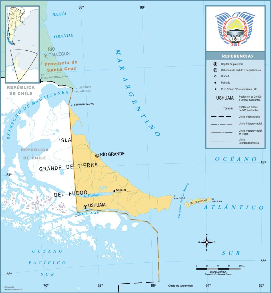 Mapa de las principales ciudades de la provincia de Tierra del Fuego.