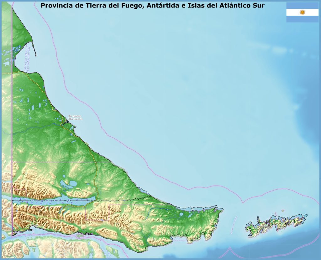 Mapa físico de la provincia de Tierra del Fuego.