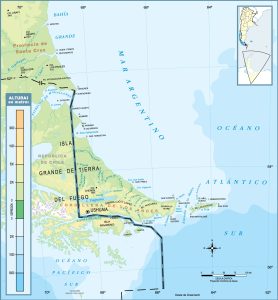 Mapa topográfico de la provincia de Tierra del Fuego.