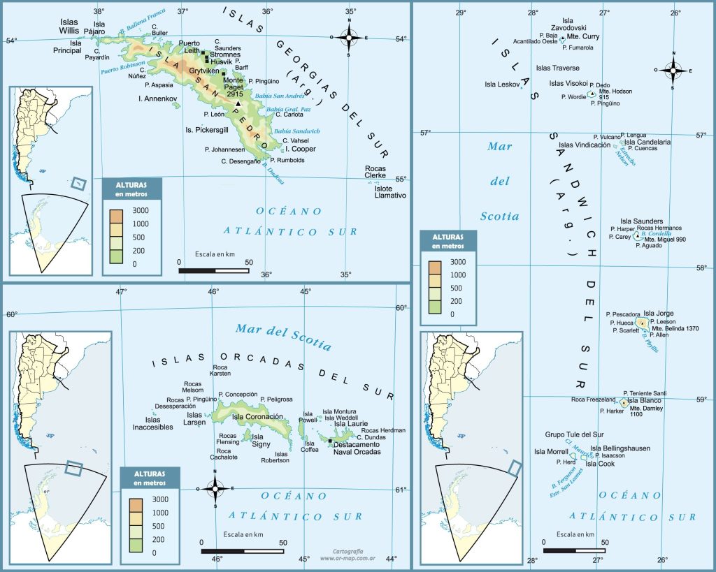 Mapa de las islas Georgia del Sur, Sandwich del Sur y Orcadas del Sur.