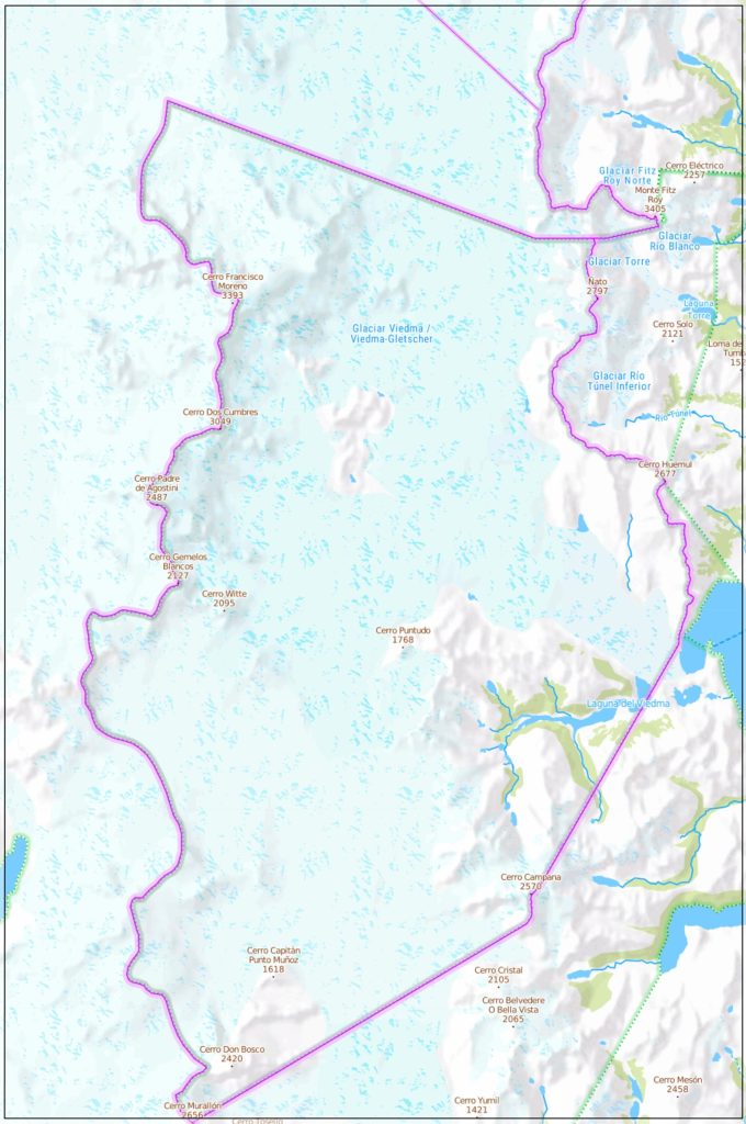 Mapa del campo de hielo patagónico sur.