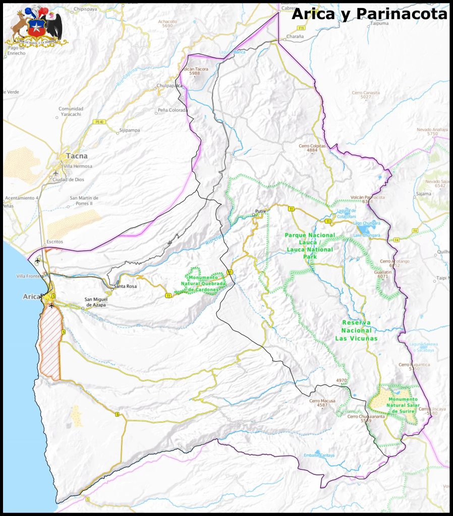 Mapa de la región de Arica y Parinacota.