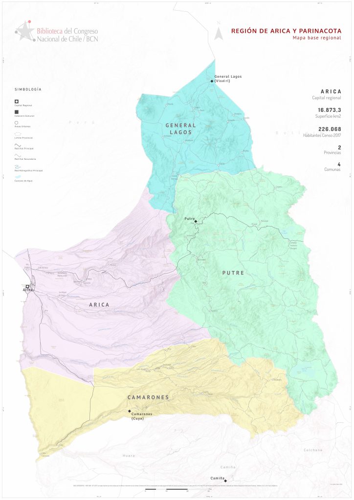 Mapa político de la región de Arica y Parinacota.