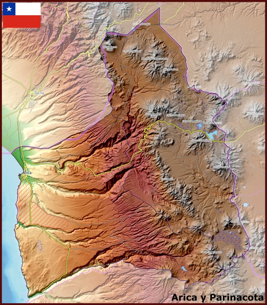 Mapa físico de la región de Arica y Parinacota.