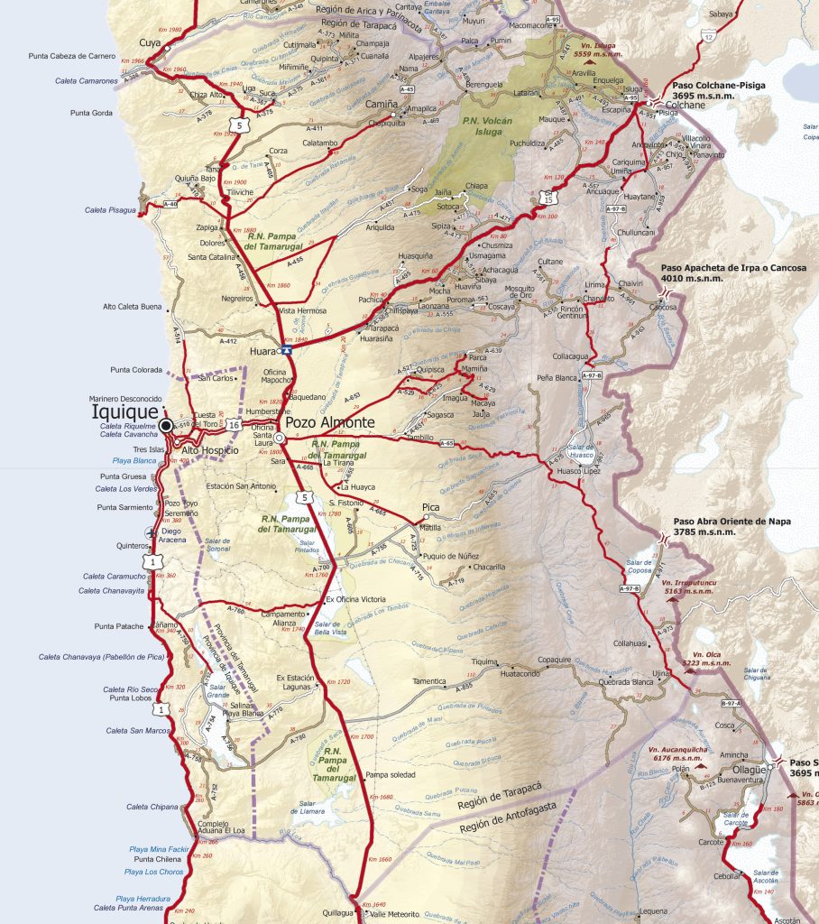 Mapa de carreteras de la región de Tarapacá.