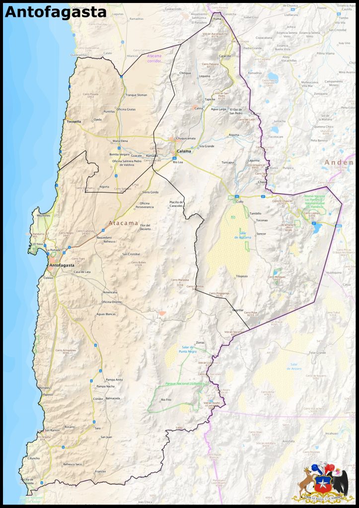 Mapa de la región de Antofagasta.