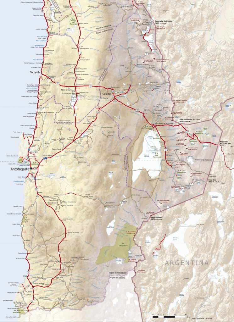 Mapa de carreteras de la región de Antofagasta.
