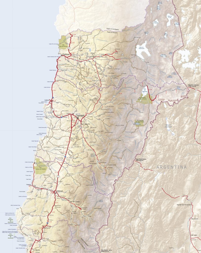 Mapa de carreteras de la región de Atacama.
