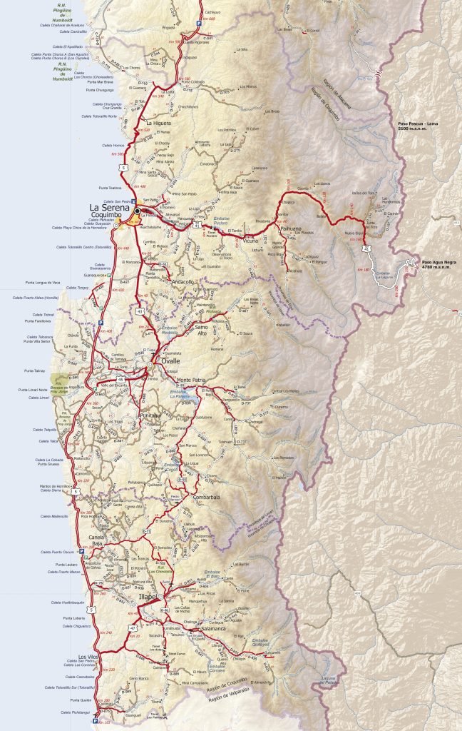 Mapa de carreteras de la región de Coquimbo.