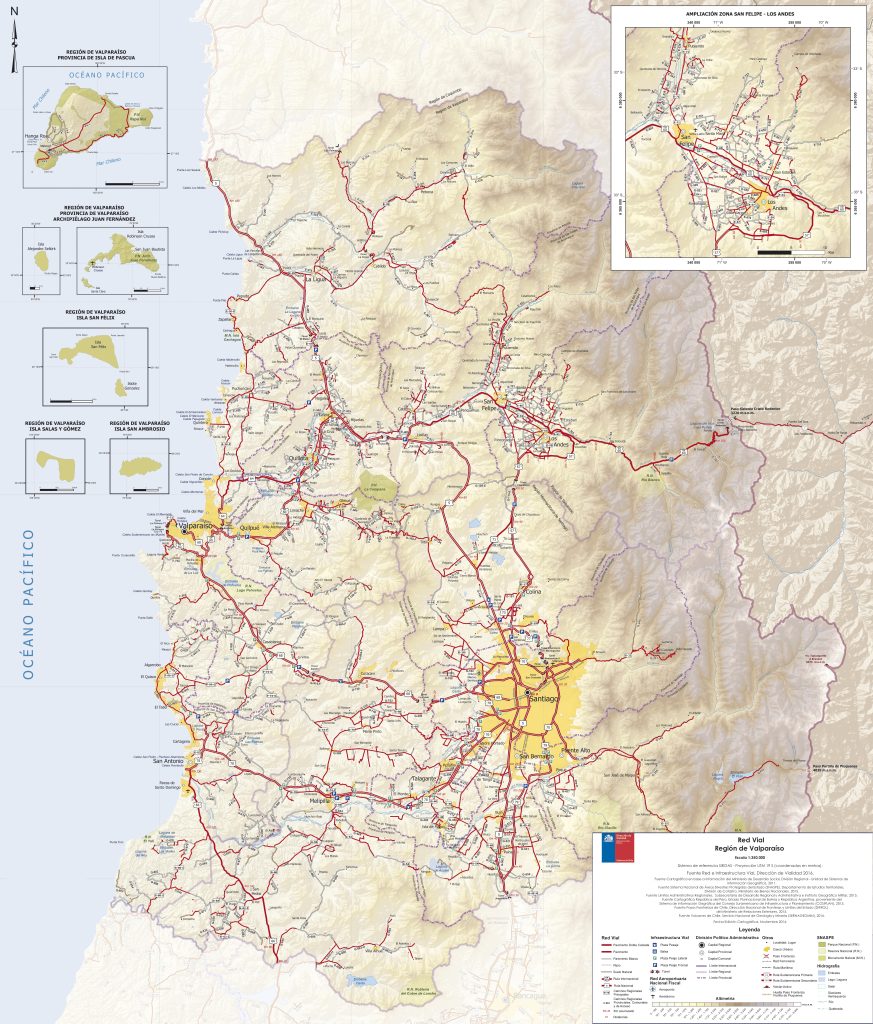 Mapa de carreteras de la región de Valparaíso.