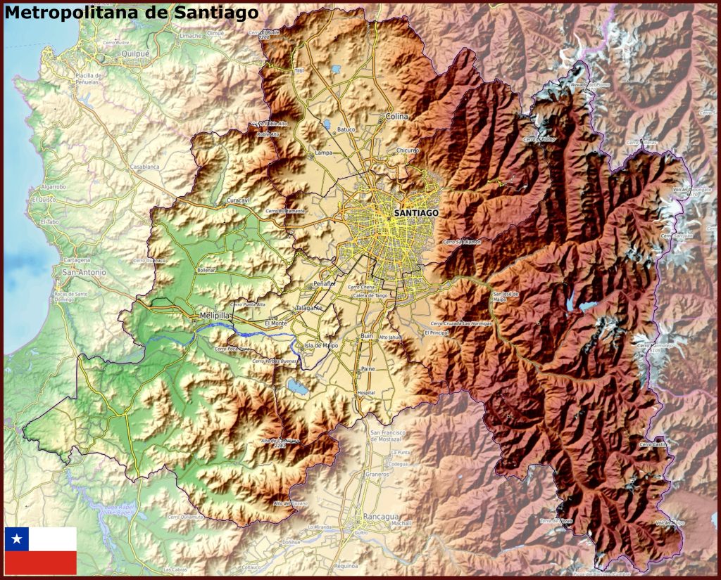 Mapa físico de la región Metropolitana de Santiago.