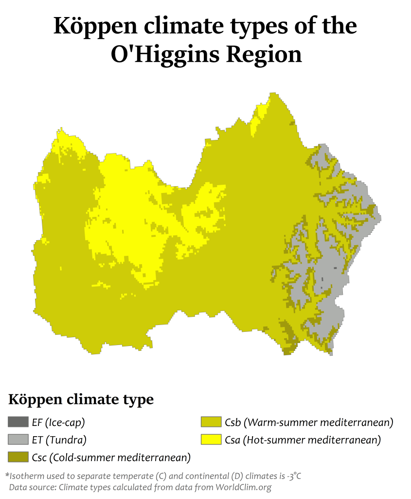 Mapa climático de la región del Libertador General Bernardo O'Higgins.