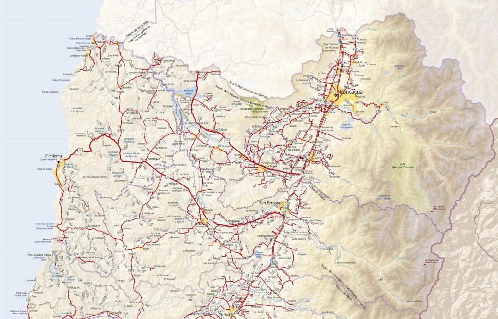 Mapa de carreteras de la región del Libertador General Bernardo O'Higgins.